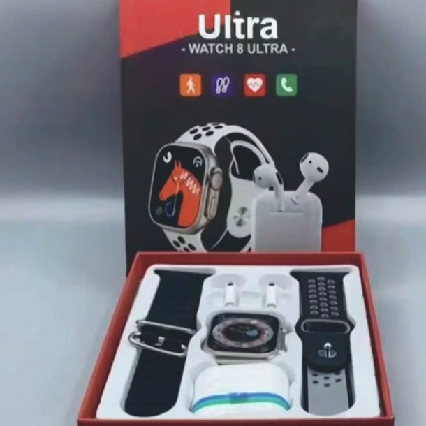 Watch 8 Ultra Smartwatch with Free Airpods | 2.02" HD Display | Bluetooth Calling | Health Tracking | 2 Straps | Orange + White